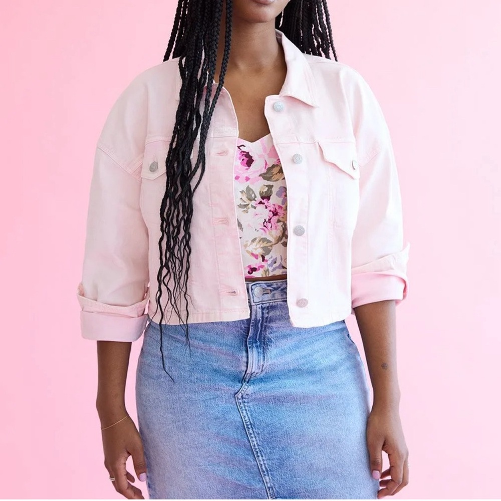 Baby pink denim cropped jean jacket
